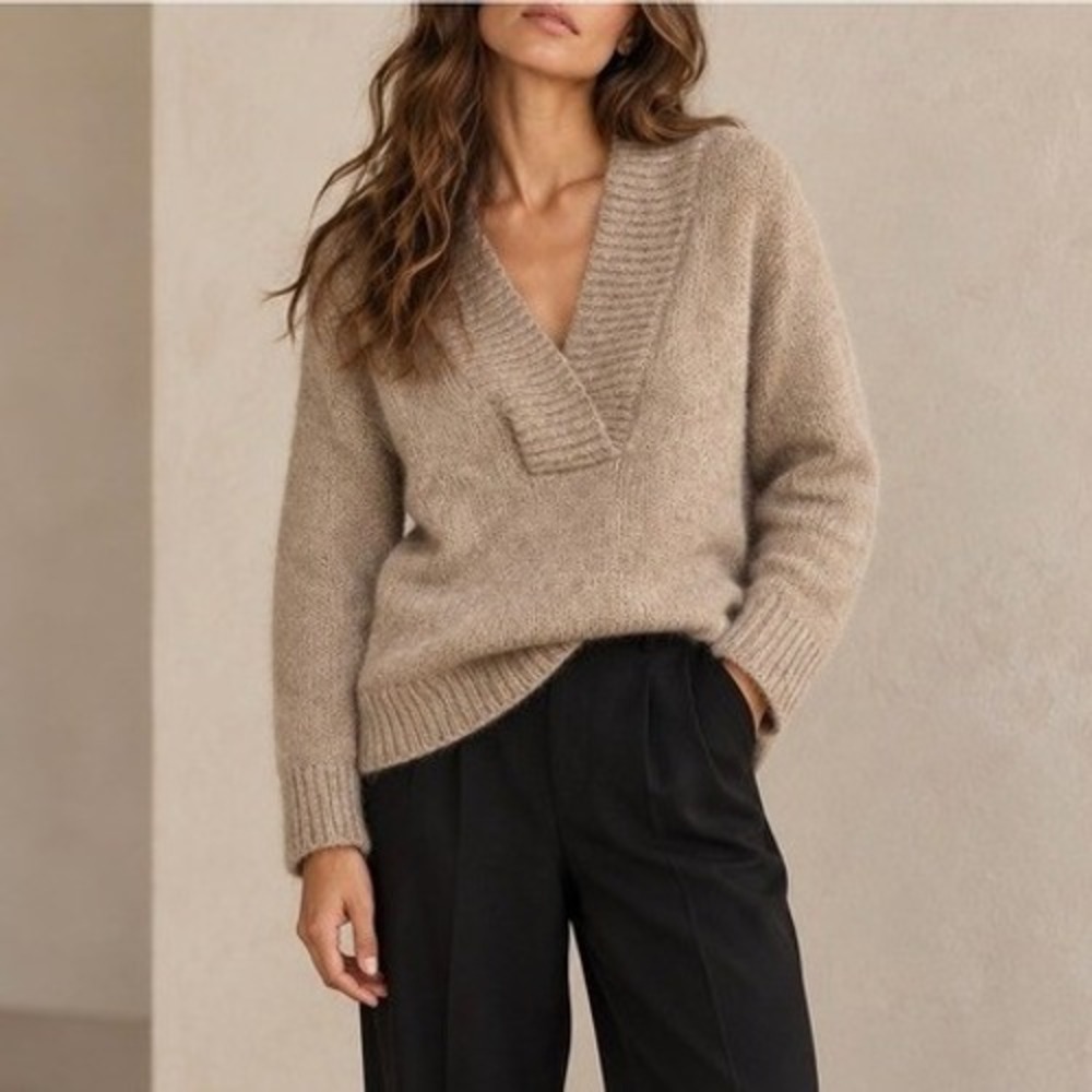 VINCE Wool Alpaca Ribbed Shawl Collar V-Neck Sweater